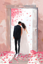 A romantic illustration of a bride and groom walking hand in hand through a doorway with falling rose petals, symbolizing love, commitment, and a new journey together.