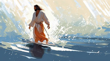 Colorful painting portrait art of Jesus walking on the water. Christian illustration.