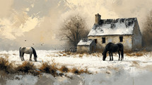 A serene winter scene with horses grazing near a snow-covered French farmhouse, enveloped by a tranquil, hazy atmosphere.