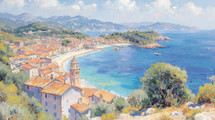 Vibrant French Mediterranean landscape painting, showcasing a coastal village, azure sea, and mountain backdrop under a clear sky.