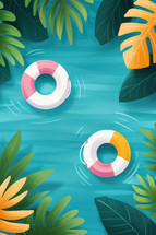 Illustrative poster featuring lifebuoys floating in a turquoise pool surrounded by lush tropical leaves. Perfect for promoting summer events, pool parties, and tropical-themed festivals.