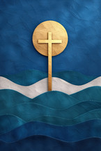 Golden cross against a textured blue background with layered waves, symbolizing Christian faith, spiritual journey, and divine guidance.