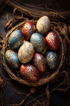 Hand-painted Easter eggs in a basket within a rustic setting