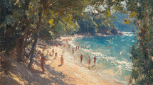 Vintage painting of a lively beach scene framed by dappled shade of trees, with people enjoying the sun and sea in a secluded cove.