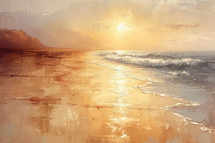 Golden sunset over a serene beach, with waves gently caressing the shore and warm light reflecting on wet sand.
