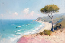 Coastal serenity with a lone pine overlooking a sunlit Italian beach, azure waters, and expressive strokes.