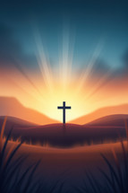 A serene Christian festival poster featuring a black cross silhouetted against a sunrise, symbolizing hope, faith, and renewal. Ideal for religious events, Easter celebrations, and inspirational gatherings.