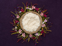 floral boarder around a fur rug in a bowl 
