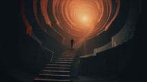 Man walking up a flight of stairs into the bright unknown. 