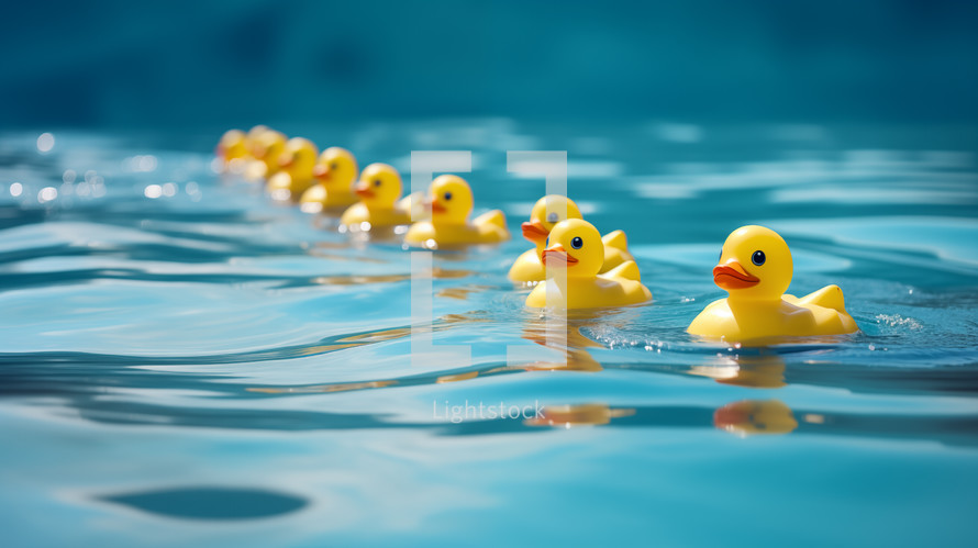 Rubber duckies in a line in water following the leader.