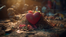 Red heart sitting on a pile of trash. 