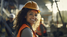 Portrait of a professional young female industry engineer or worker wearing a safety uniform and a hard hat.