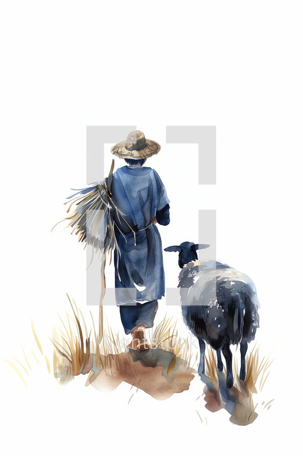 Watercolor illustration of the Good Shepherd, a figure in biblical scripture, guiding a sheep.