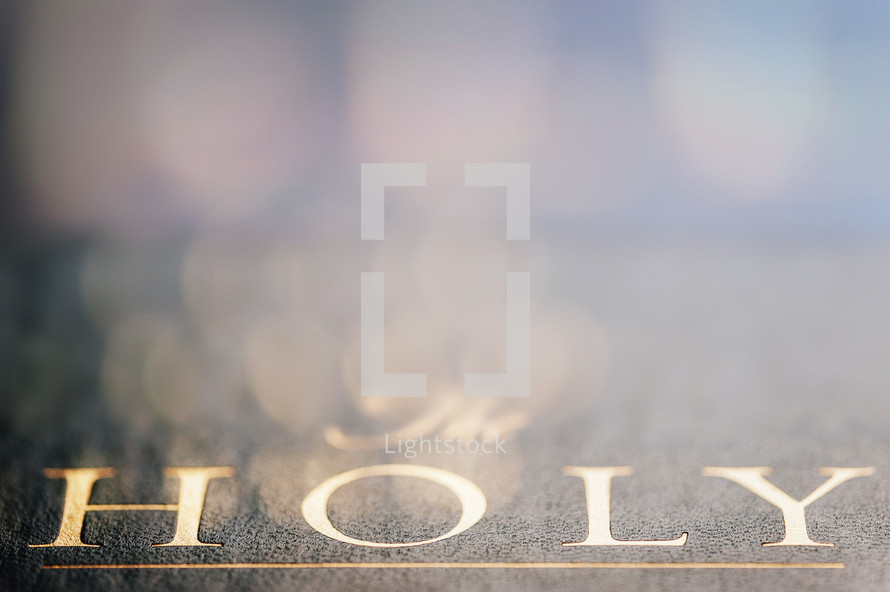Gold lettering of the word "holy" on a Bible cover.