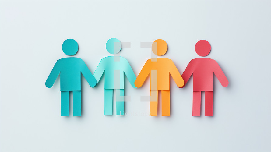 Colorful paper cutout figures holding hands, symbolizing unity and teamwork. Set against a clean, white background, the figures are in shades of blue, orange, and red.