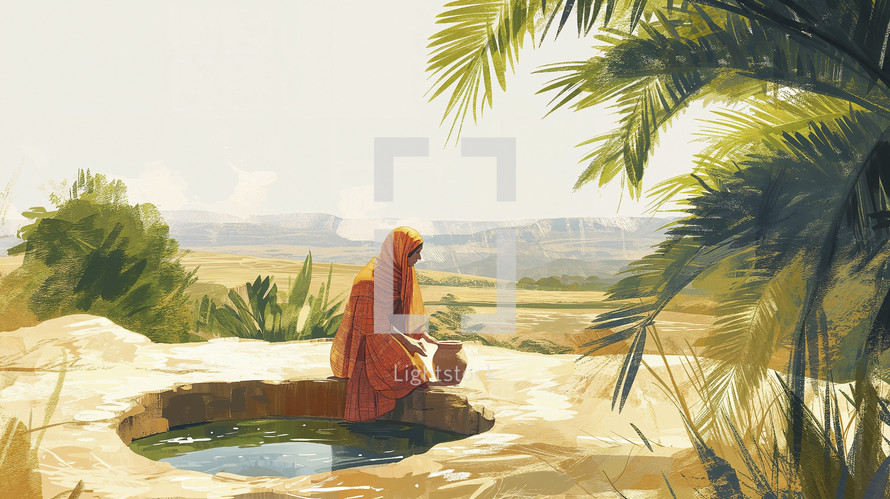 Samaritan woman in a red robe drawing water from a well, with a desert oasis setting and lush palm trees in the background.