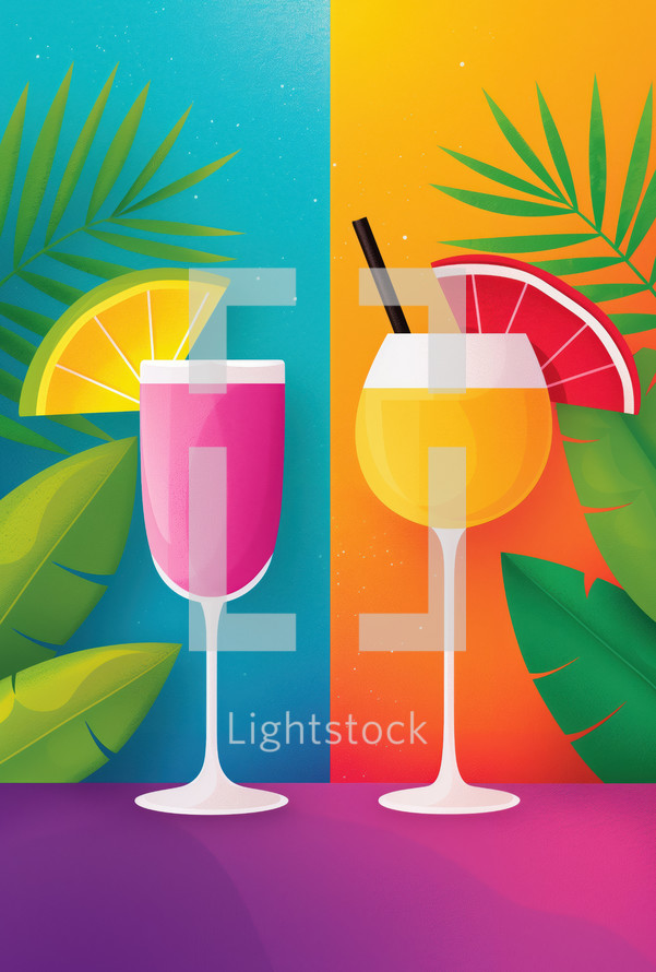 Vibrant illustration of two colorful cocktails against a tropical backdrop. One drink is pink with an orange slice, and the other is yellow with a grapefruit slice, surrounded by lush green leaves.