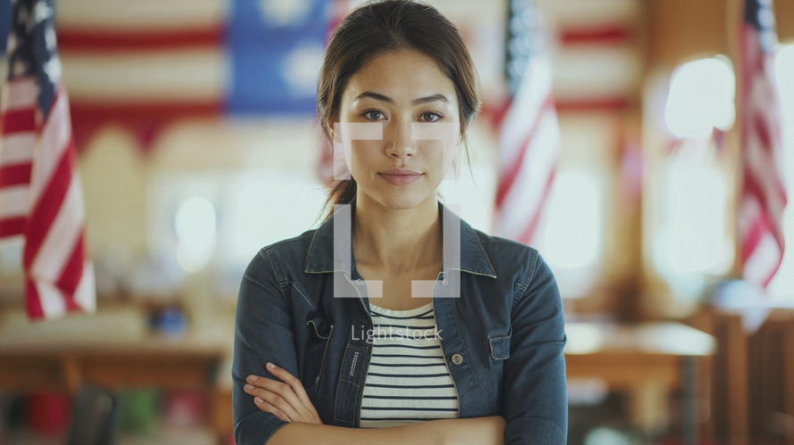 Portrait of a young Asian American woman at a polling station, with American flags in the background, embodying civic participation.