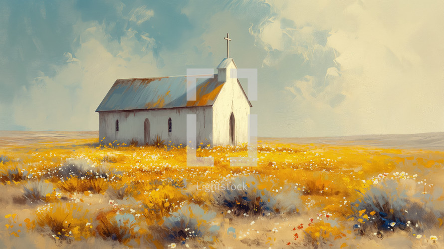 Vintage painting of a minimalist white church set amidst a golden field of wildflowers under a vast, expressive sky.