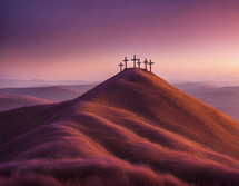 Multiple crosses on a hill at sunset