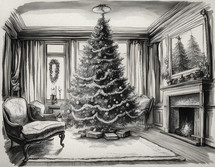 Drawing of a living room with Christmas tree