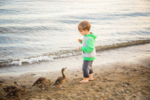 children feeding ducks on a beach 