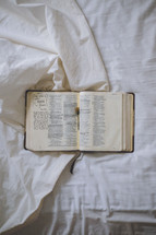 notes in an open Bible on a bed 