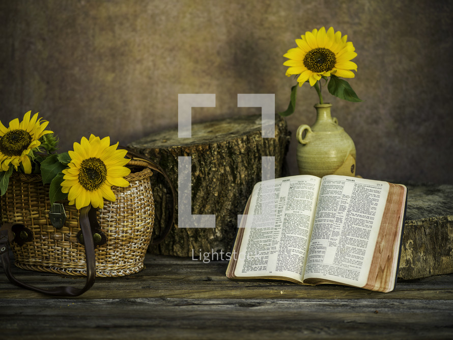 basket of sunflowers and Bible 