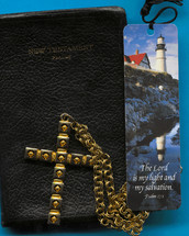 New Testament Bible cross necklace and bookmark with Psalm 27:1