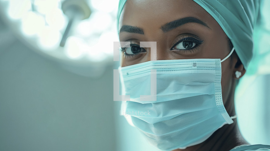 Close-up of an attentive African American female surgeon in the OR.