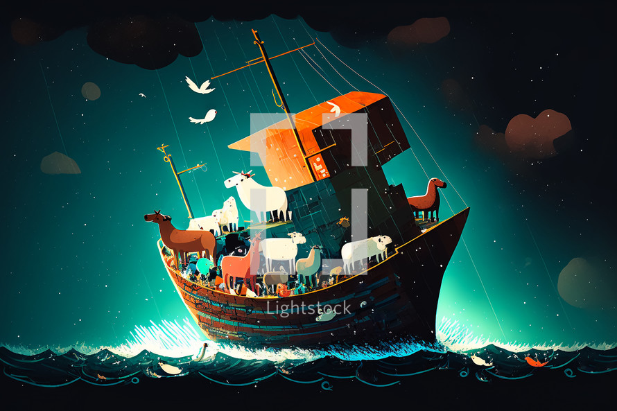 AI illustration of Noah's ark full of animals.