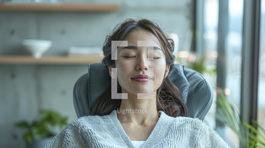 Relaxed Asian woman in a massage chair, a portrait of peacefulness and comfort.