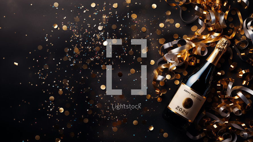 Flat lay composition of New Year celebration background with champagne bottle.