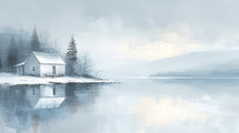 A serene coastal scene painting capturing a solitary house by a calm lake, enveloped in a soft winter haze, reflecting tranquility and stillness.