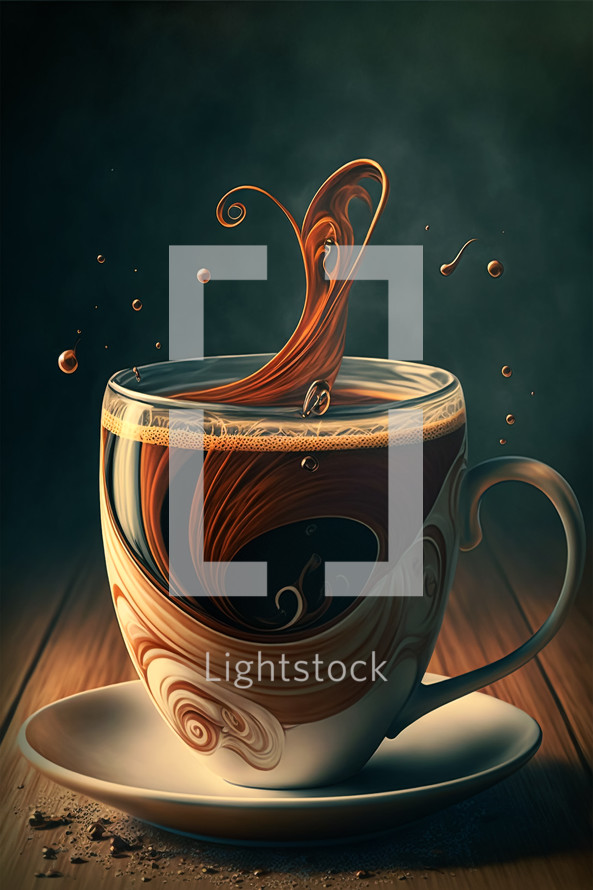 Colorful painting art of a cup of coffee with coffee beans. AI illustration.