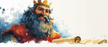 Whimsical digital artwork of King Solomon with a golden crown and ancient scroll.