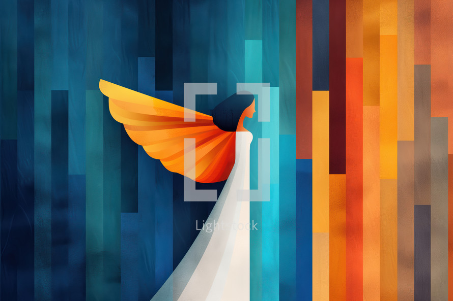 Abstract representation of an angel with vibrant orange wings, set against a multicolored background, symbolizing divine presence and grace in a modern design.