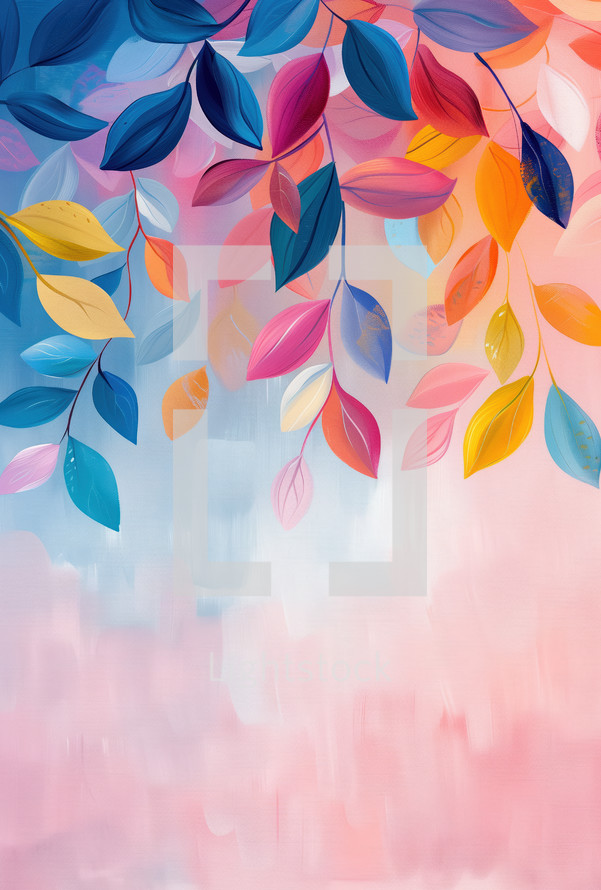 Colorful leaves in an impressionist style against a soft pastel background, creating a vibrant and artistic composition.