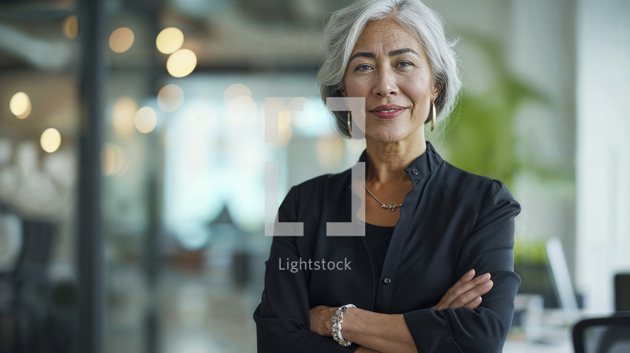 Sophisticated mature businesswoman with silver hair, arms crossed, and a self-assured smile in a modern corporate environment.