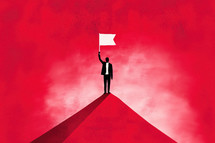 Minimalist leadership concept with a silhouetted figure holding a flag atop a peak, set against a bold red background.