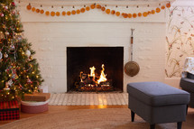 fire in a fireplace at Christmas 