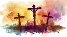 Watercolor depiction of the Crucifixion of Jesus Christ, with the text "He is Risen," against a backdrop of warm, radiant hues that convey hope and resurrection.