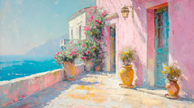 A sun-drenched terrace with pink walls and blooming flowers overlooks the tranquil Mediterranean, capturing the vibrant spirit of coastal France.