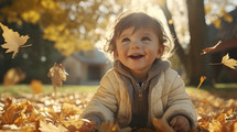 Portrait of young joyful child having fun throwing leaves in autumn.