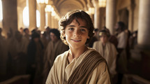 Portrait of 12 years old Jesus in the temple of Jerusalem. Christian illustration. 