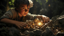 Portrait of a child discovering a hidden treasure.