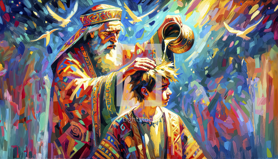 Vibrant illustration of the biblical event where Samuel anoints David as king.