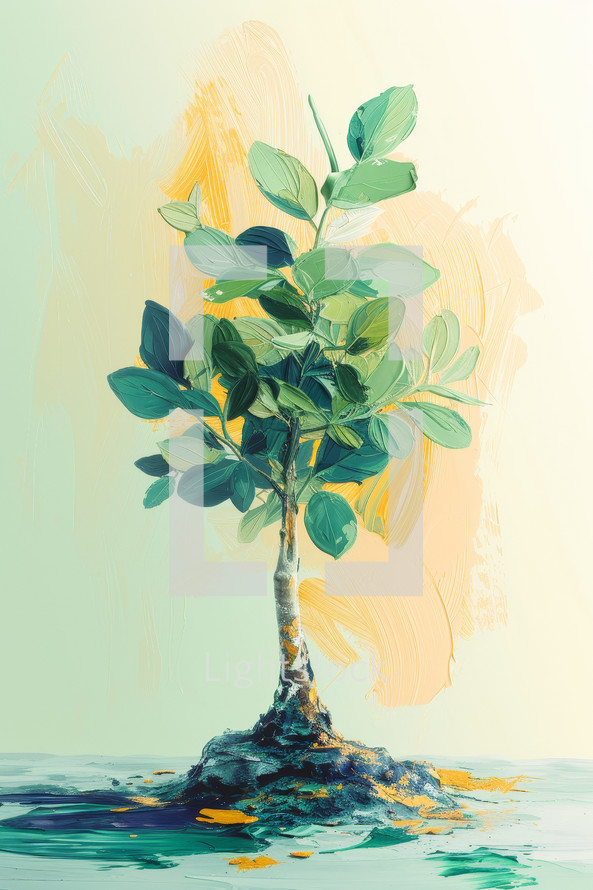 Vibrant artistic rendering of an olive tree, symbolizing peace and growth, with a dynamic background.