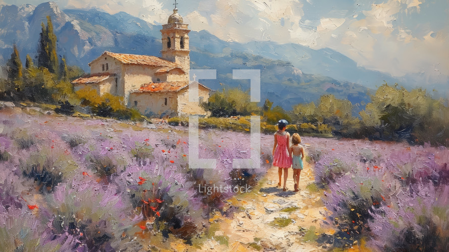 Vintage oil painting of two children walking towards a quaint chapel in a blooming lavender field, with majestic mountains in the background.