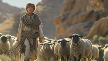 Young David in biblical attire, tending sheep in the wilderness.